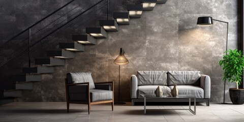 Contemporary living room with metal stairs and luxury grey stone wall.