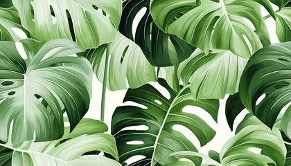 Monstera Leaves a Seamless Pattern on a White Background. Realistic Painted Still Lifes.