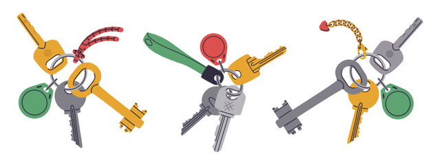 Apartment or house door keys bunches. Hand drawn keys with keychain, keyring and plastic tag. Real estate property entrance keys flat vector illustration set. Door key bunches
