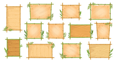 Bamboo frames. Jungle borders with bamboo sticks, leaves and parchment paper, wooden planks exotic signs ui game design, flat vector illustration set. Asian bamboo signboard collection