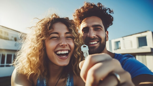 Close-up Of A Happy Couple Of Young People Smiling And Laughing With Joy With A Key To Their New Home. Housewarming, Real Estate Market