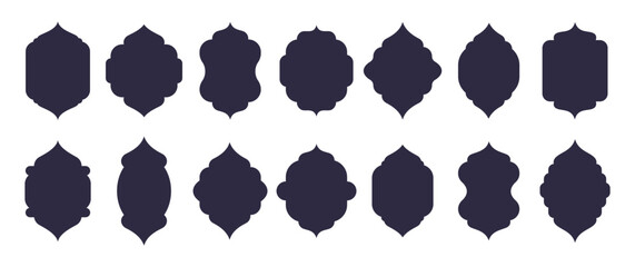 Oriental Islamic frames. Arch windows and doorways, mosque arch shapes or lantern silhouettes flat vector illustration set. Arabian style frames