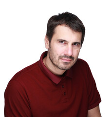 A picture of a man with a beard, mustache and fashionable hairstyle, dressed in a casual polo...