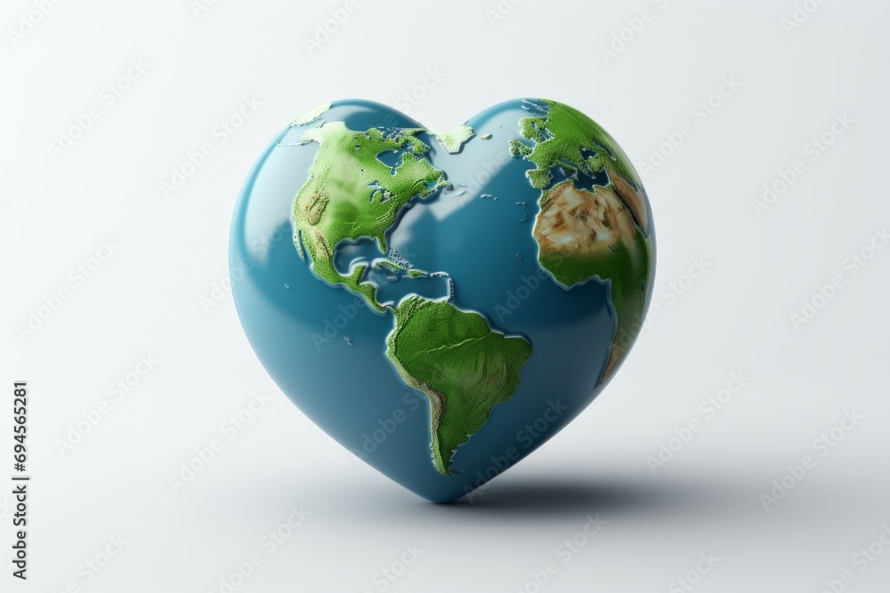 Poster planet earth in the shape of a heart with selective focus and copy space