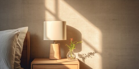 Bedroom details with empty bedside table, reading lamp, USB socket, and modern interior design. Cozy furniture, sun shadows included.