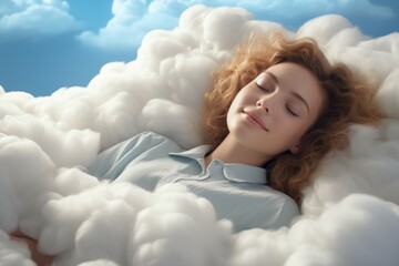 Cute young beautiful woman sleeping on a cloud. Portrait with selective focus and copy space for text