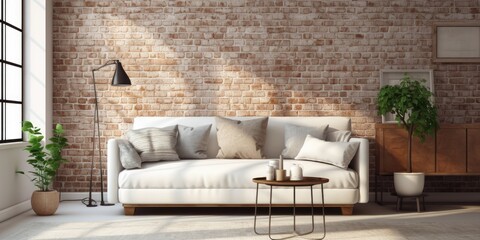 Patterned carpet, brick wall, table, and sofa in a white apartment.