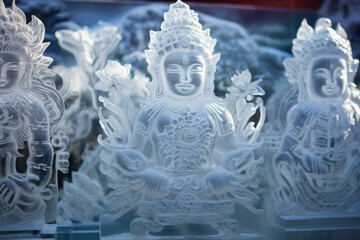 A series of ice sculptures depicting Buddhist deities are rendered in stunning detail, their serene expressions emerging from a backdrop of crystalline ice at the chinese Festival