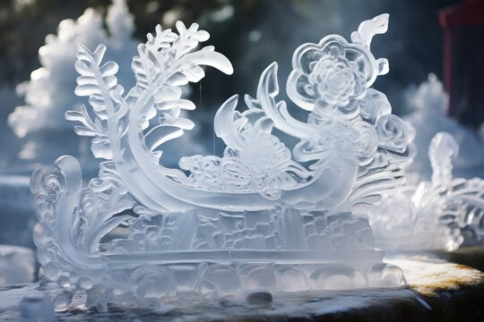 A beautifully detailed ice sculpture captures the elegance of traditional Chinese motifs, with flowing lines and delicate floral patterns at the chinese Festival