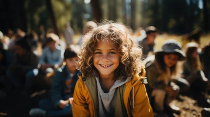 Tuinposter happy child in children's summer camp, boy, girl, tent, forest, scout, tourism, travel, hike, kid, schoolboy, student, vacation, trip, joyful face, emotional portrait, trees, smile, fun, sunny, wood © Julia Zarubina