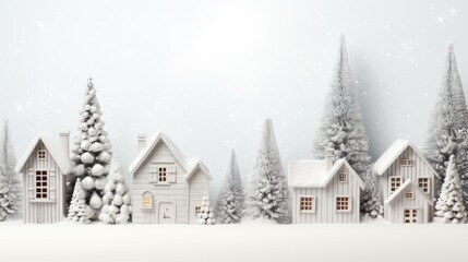 Fototapeta na wymiar decorative houses and vibrant green fir Christmas branches on a white wooden background. Craft a composition or scene in a modern minimalist style, capturing the simplicity and holiday spirit.