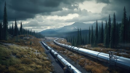 a serene countryside pipeline scene, the pipeline in general, with a prominent road, depict a lush forest and a gray sky.
