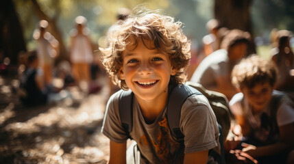 happy child in children's summer camp, boy, girl, tent, forest, scout, tourism, travel, hike, kid, schoolboy, student, vacation, trip, joyful face, emotional portrait, trees, smile, fun, sunny, wood - obrazy, fototapety, plakaty