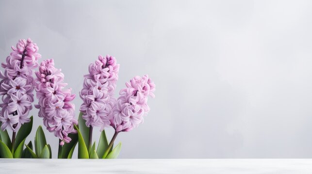 blooming hyacinths against a gray background, free space for text, creating a composition or scene in a minimalist modern style.