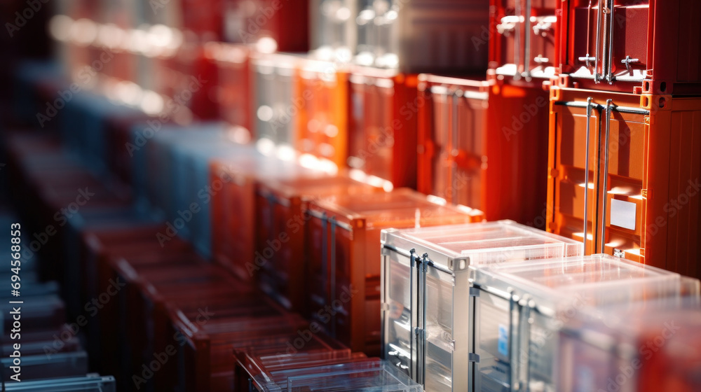 Poster a row of red and orange containers stacked on top of each other, ai