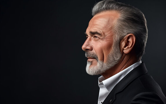 Senior handsome elegant businessman standing over isolated black background looking to side.