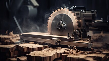 wood cutting machine, a composition or scene in a minimalist modern style, focusing on the intricate details and efficiency of the machinery.