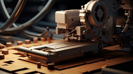 Fototapeta premium wood cutting machine, a composition or scene in a minimalist modern style, focusing on the intricate details and efficiency of the machinery.