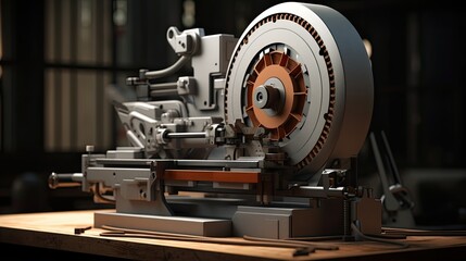 Fototapeta na wymiar wood cutting machine, a composition or scene in a minimalist modern style, focusing on the intricate details and efficiency of the machinery.