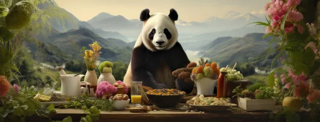 Fotobehang a playful and happy panda in China, the joy and essence of this iconic creature against a contemporary backdrop © lililia