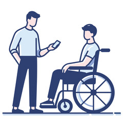 Man standing with smartphone, assisting person in wheelchair. Friendly help, disabled care assistance concept vector illustration.