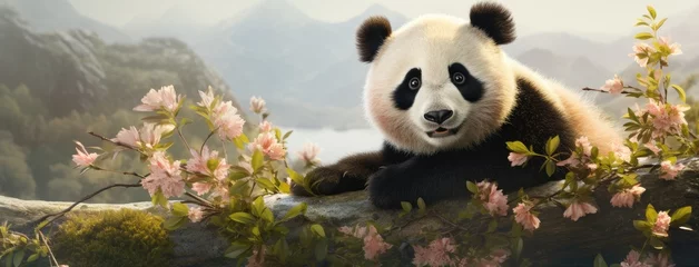 Foto op Plexiglas a playful and happy panda in China, the joy and essence of this iconic creature against a contemporary backdrop © lililia
