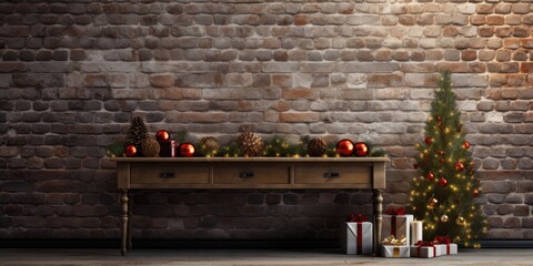 Festive interior idea: Console table adorned near brick wall with Christmas decoration.