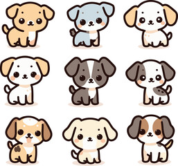 Nine cute cartoon puppies with various colors and spots. Happy kawaii dog characters with adorable expressions. Pet lovers, animal collection vector illustration.