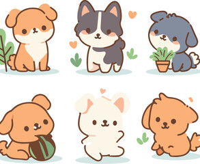 cute cartoon dogs in various poses. Adorable puppy collection with different expressions. Pet care and animal love vector illustration.
