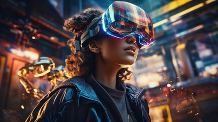 Fototapeta na wymiar A young woman in the metaverse, wearing a VR headset background in an imaginary future city. Generative AI