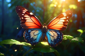 AI-generated illustration of a butterfly in a magic forest with the sun's rays.