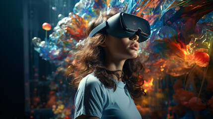 Obraz na płótnie Canvas A young woman in the metaverse, wearing a VR headset background in an imaginary future city. Generative AI