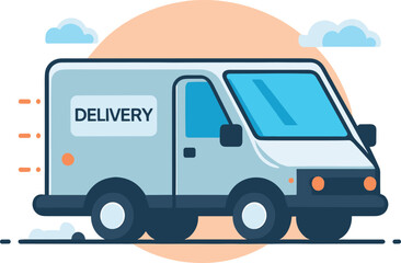 Blue delivery van in motion on road with clouds behind. Shipping service vehicle with DELIVERY sign. Fast transportation and package delivery concept vector illustration.