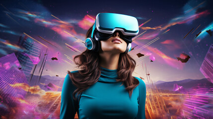 A young woman in the metaverse, wearing a VR headset background in an imaginary future city. Generative AI - obrazy, fototapety, plakaty