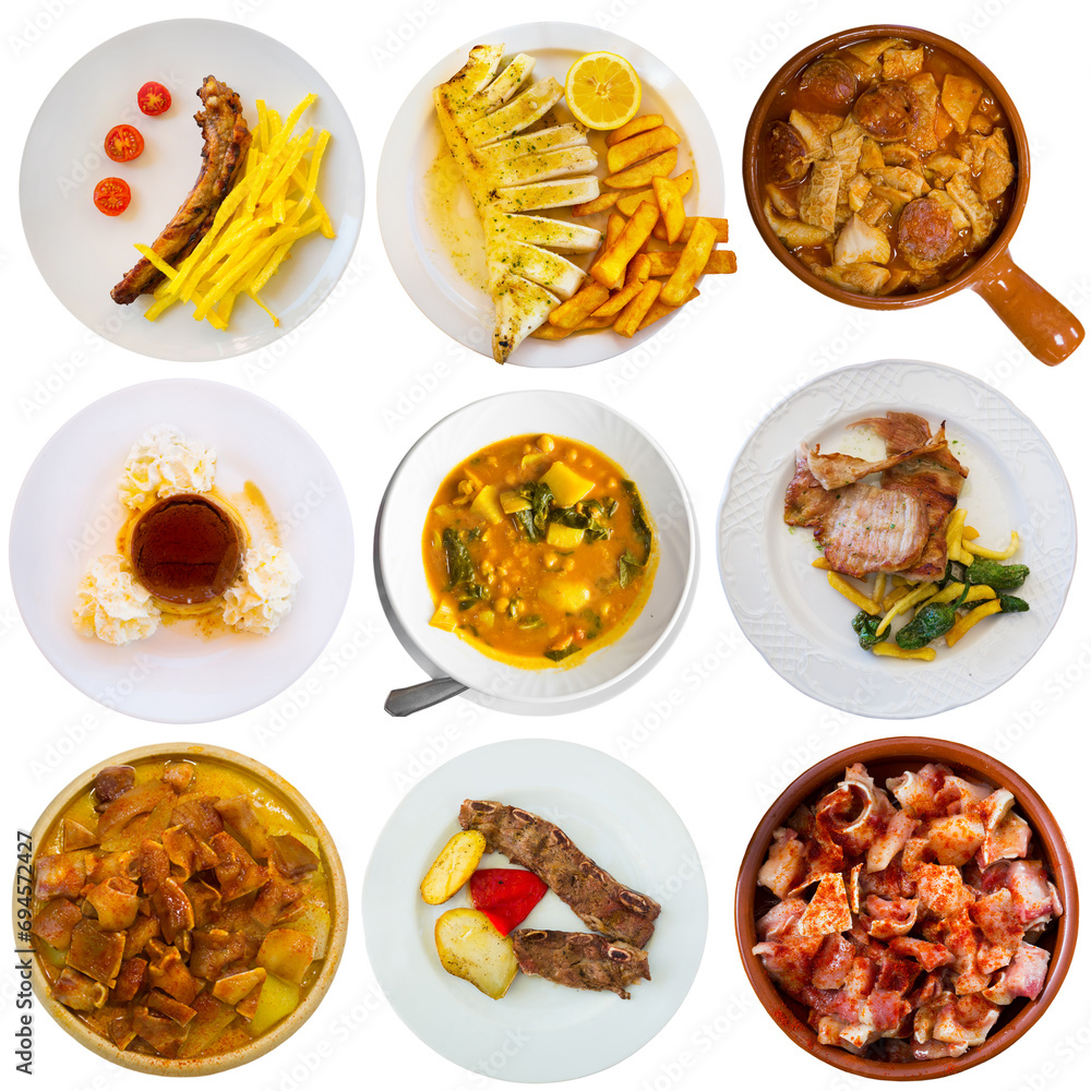 Wall mural collection of traditional spanish meals isolated on white background. concept of national cuisine