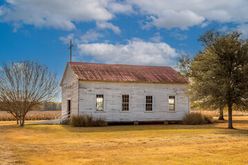A White Clapboard Restored Slave Quarters Church on a Louisiana Cotton Plantation - 694572410