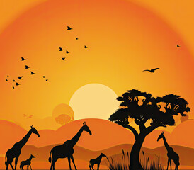  African safari scene. Giraffe animals, birds, trees silhouettes on sunset background. Nature background