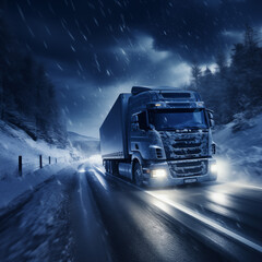 Truck on winter road with snow and fog.