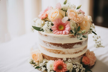 A rustic wedding cake with visible layers, topped with pink and white flowers and green foliage.