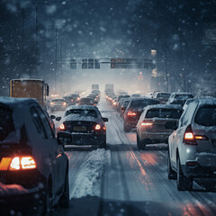 Fototapeta premium Traffic on a winter road with heavy snowfall in the city.