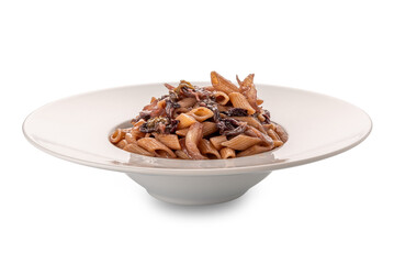 Mezze penne rigate pasta cooked with radicchio rosso veneto typical Italian recipe in white plate isolated