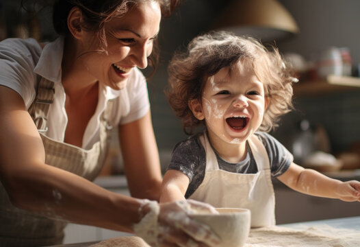 An image of a 2-year-old smiling girl in a sunny modern kitchen.