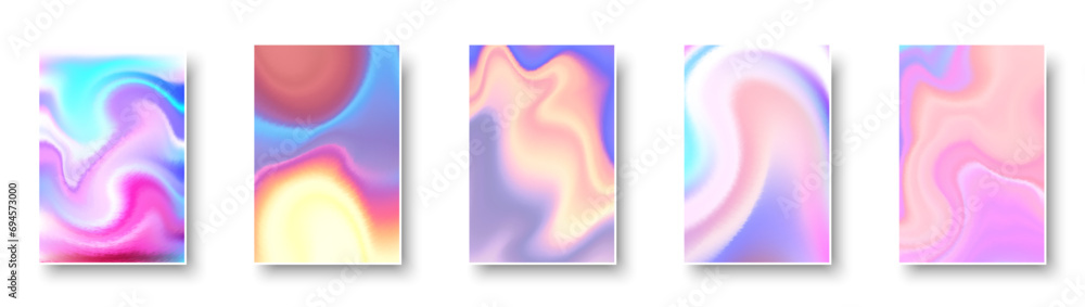 Poster set of colorful hologram paper card. abstract holographic wavy gradient mesh color backgrounds.