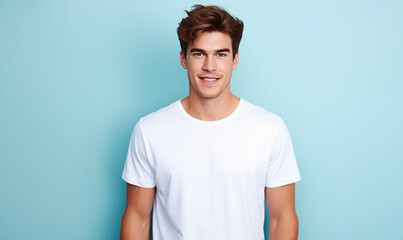 Obraz premium A fit model guy with a blank white canvas t-shirt. pastel blue wall background 