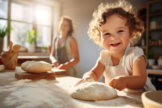 An image of a 2-year-old girl in a white sunny home modern morning kitchen with copy space.