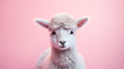 white alpaca with a soft, curly fleece, looking forward with a pink background.