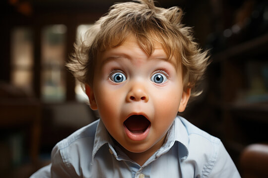 An image of a two year-old boy who has an exaggerated comical facial expression. Close-up shot, with copy space.
