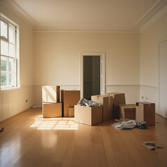 Fototapeta premium Moving day, Stack of Cardboard boxes and household on the wooden floor inside bright sunlight empty room.
