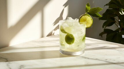 Brazilian caipirinha on a white marble counter with sun light coming in