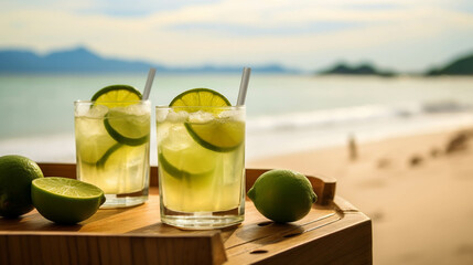 Brazilian caipirinha with a blurred beach background